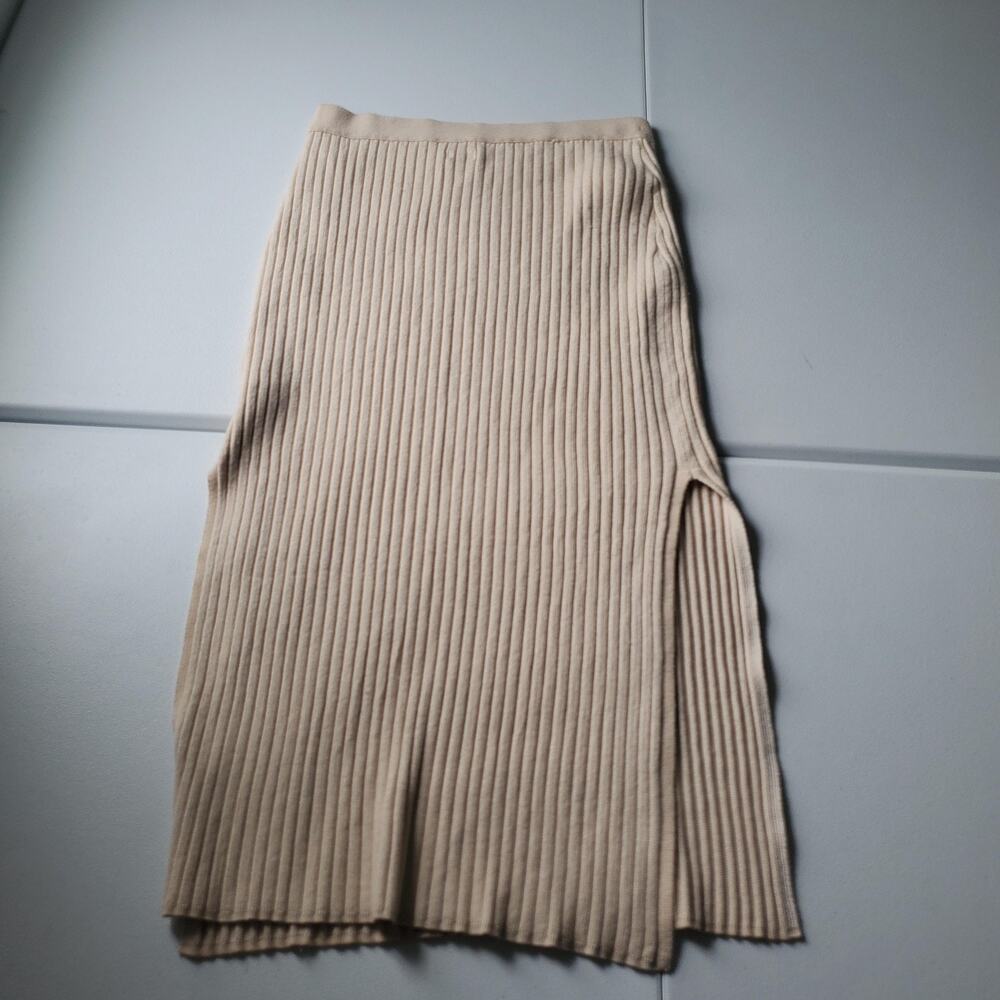 Aerie Skirt Womens Large Beige Ribbed Knit Pencil High Rise Midi Side Slit